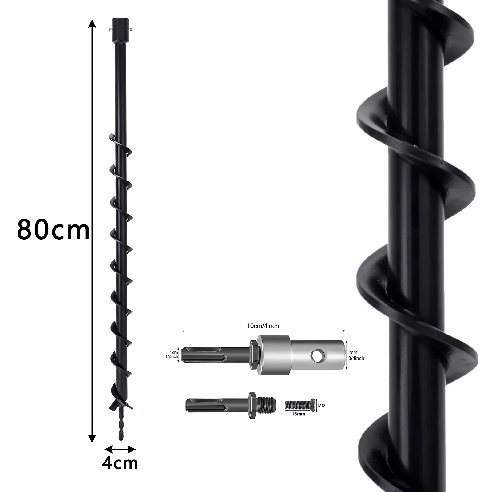 Tarière de jardinage 80 cm en acier, pour puits de clôture, perceuse spirale à essence avec boulons 