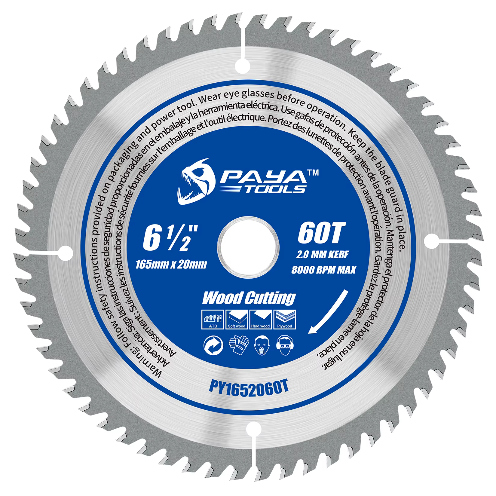 Lame de scie circulaire PAYA 6 1/2" 60T ATB, lame de scie circulaire TCT à pointe en carbure pour bo
