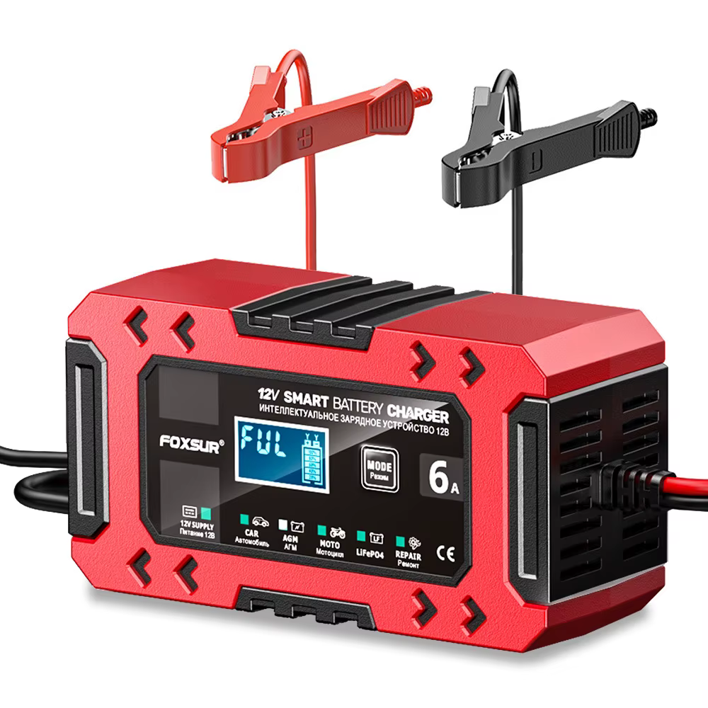 FOXSUR chargeur de batterie de voiture entièrement automatique 12V 6A affichage numérique chargeur d