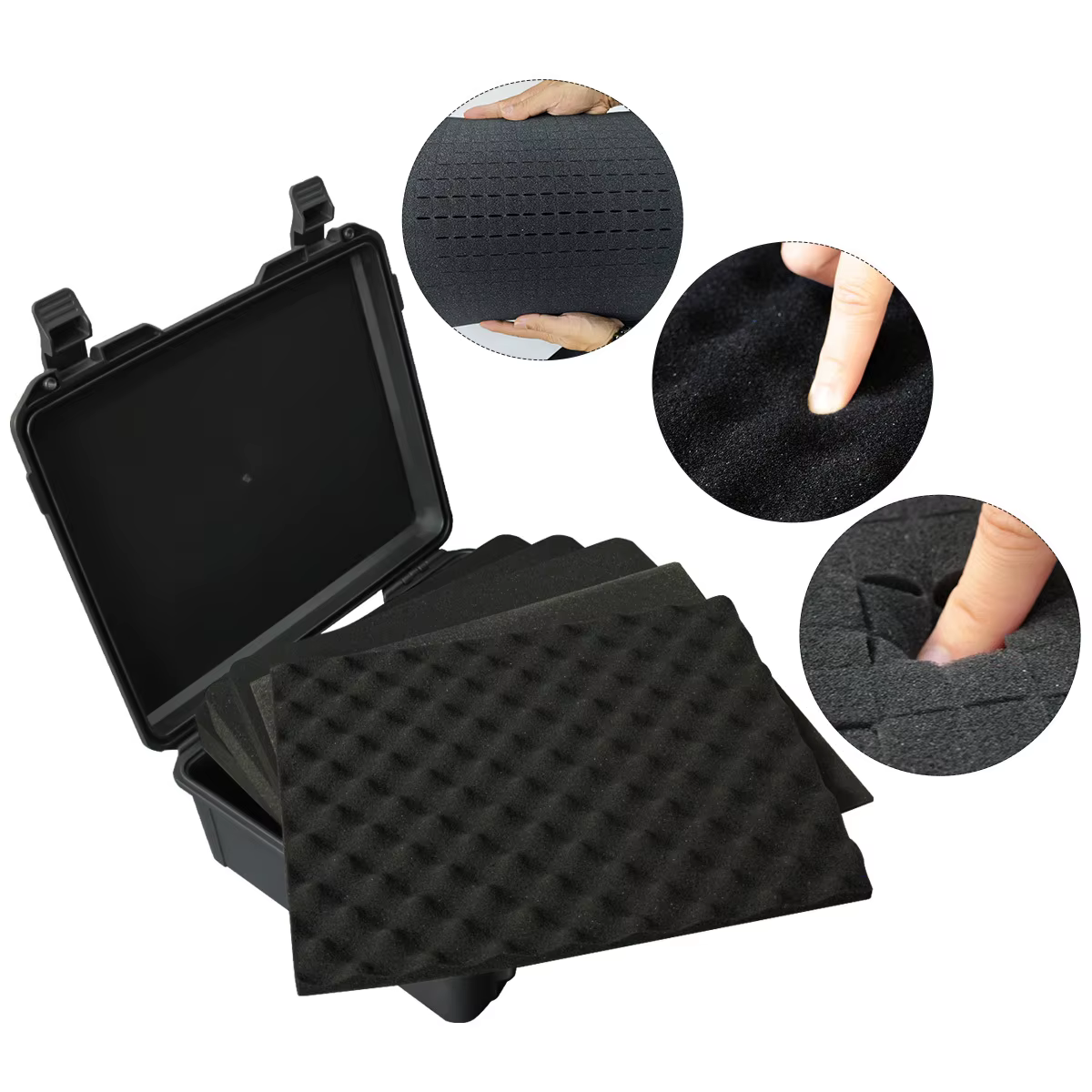 Valise noire étanche et durable pour appareil photo/outils, intérieur en mousse personnalisable, por