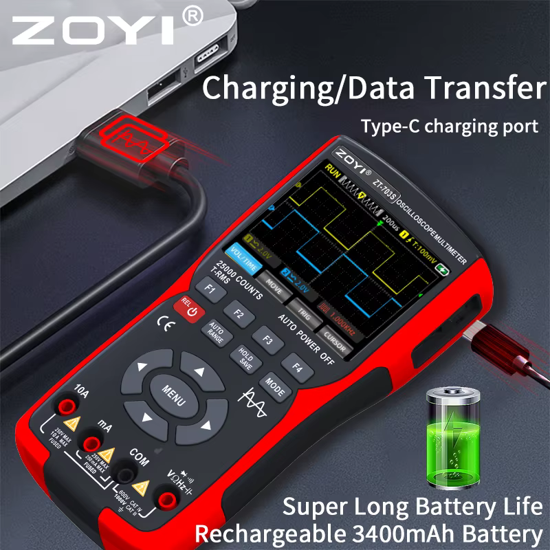 ZOYI ZT-703S multimètre oscilloscope 3 en 1 avec écran IPS de 3,5 pouces, 25000 points, bande passan