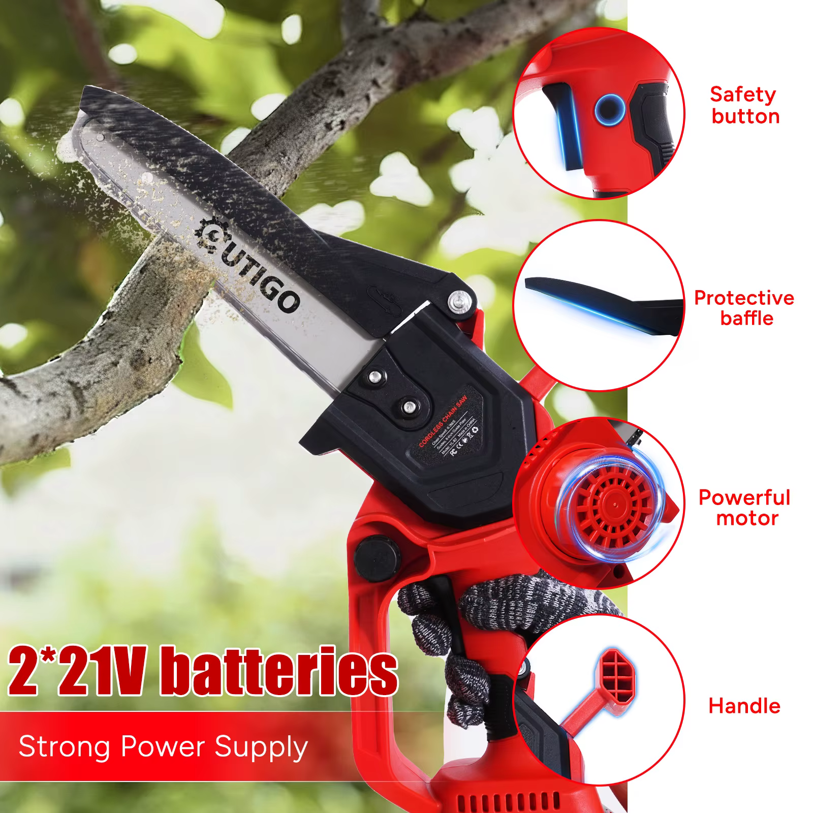 OUTIGO Tronçonneuse à batterie, Tronçonneuse 8 pouces,  2*4000mah, MINI Tronçonneuse sans fil, 4 cha