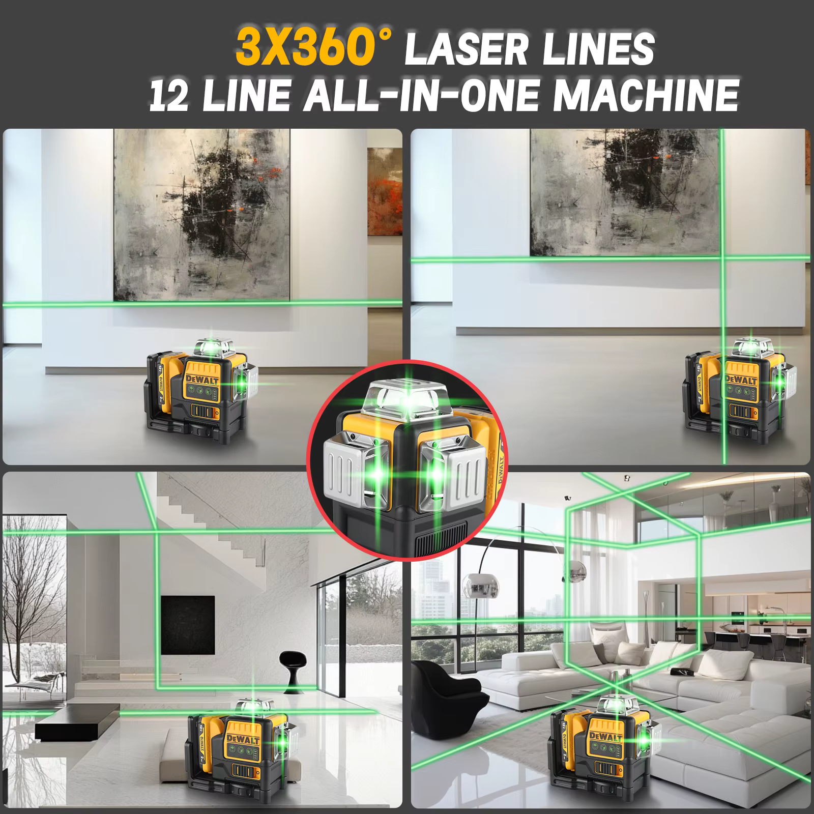 Niveau laser DEWALT DW089 12V Li-Ion 12 lignes 3×360 ° Faisceau vert autonivelant vertical et horizo