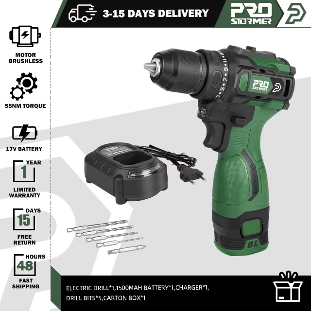 PROSTORMER – perceuse électrique sans balais 17V, 55nm, perceuse sans fil, Mini tournevis, batterie 