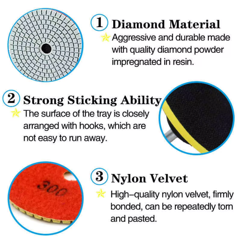 Kit de tampons de polissage diamant, 16 pièces, 4 pouces, 100mm, humide/sec, pour granit, pierre, bé