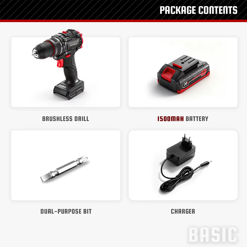 YEVOLT perceuse électrique 20V sans brosse Li-ion Compact sans fil 21 + 1 pilote tournevis à main ou