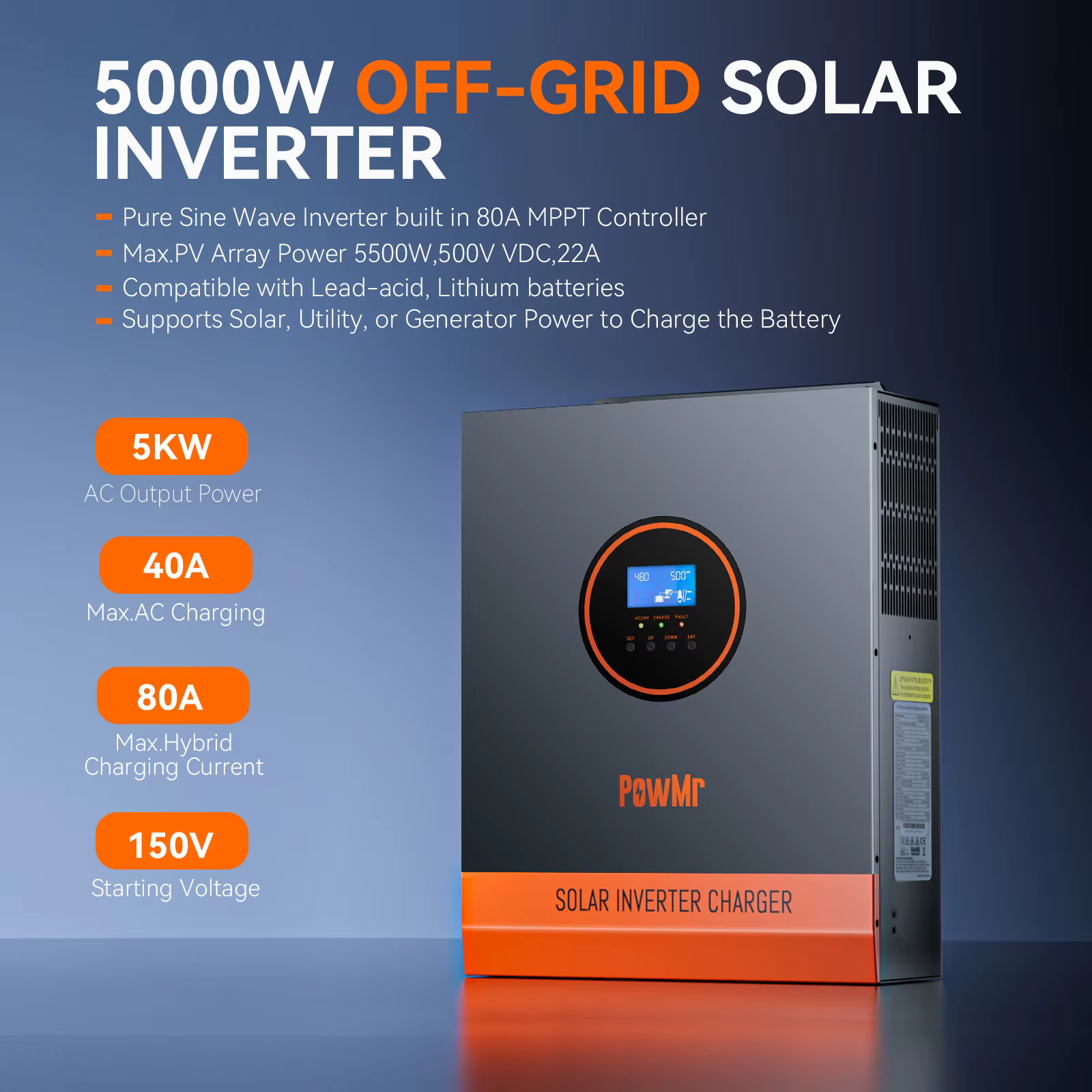 PowMr 5000W 48V 110/120VAC sortie MPPT onduleur solaire hybride PV 500VDC avec contrôleur de chargeu