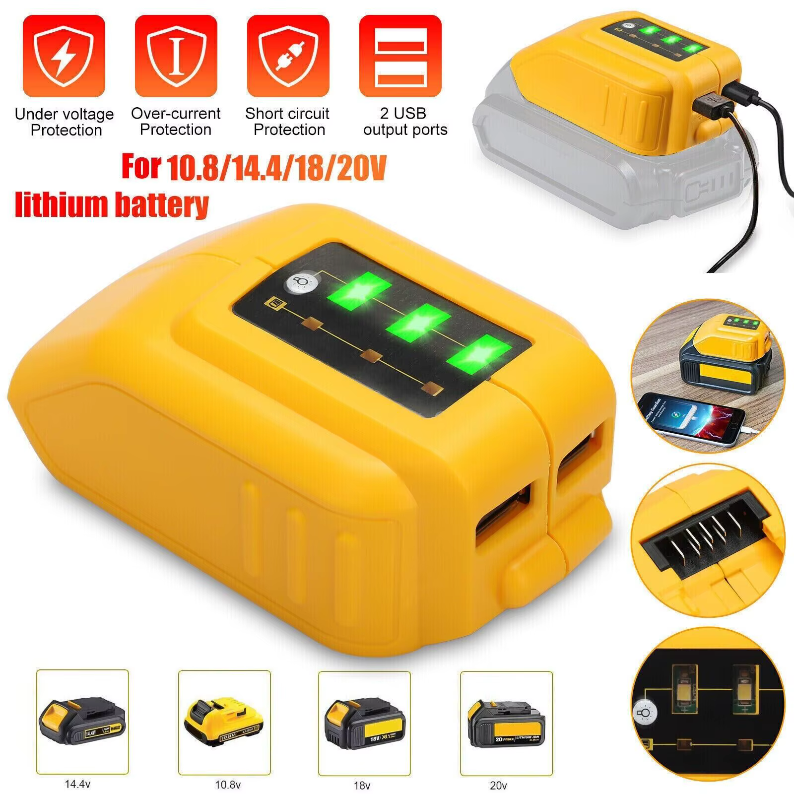 Convertisseur chargeur USB pour DEWALT 14.4V 18V 20V Li-ion convertisseur de batterie DCB090 USB app