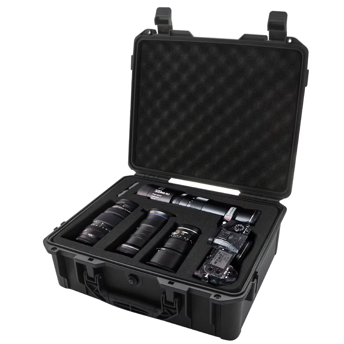 Valise noire étanche et durable pour appareil photo/outils, intérieur en mousse personnalisable, por