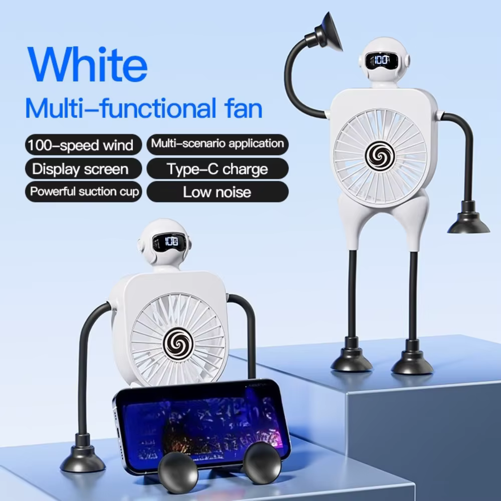 Ventilateur de bureau portable robotisé avec ventouse fixe, réglage 100 vitesses, affichage LED, cha