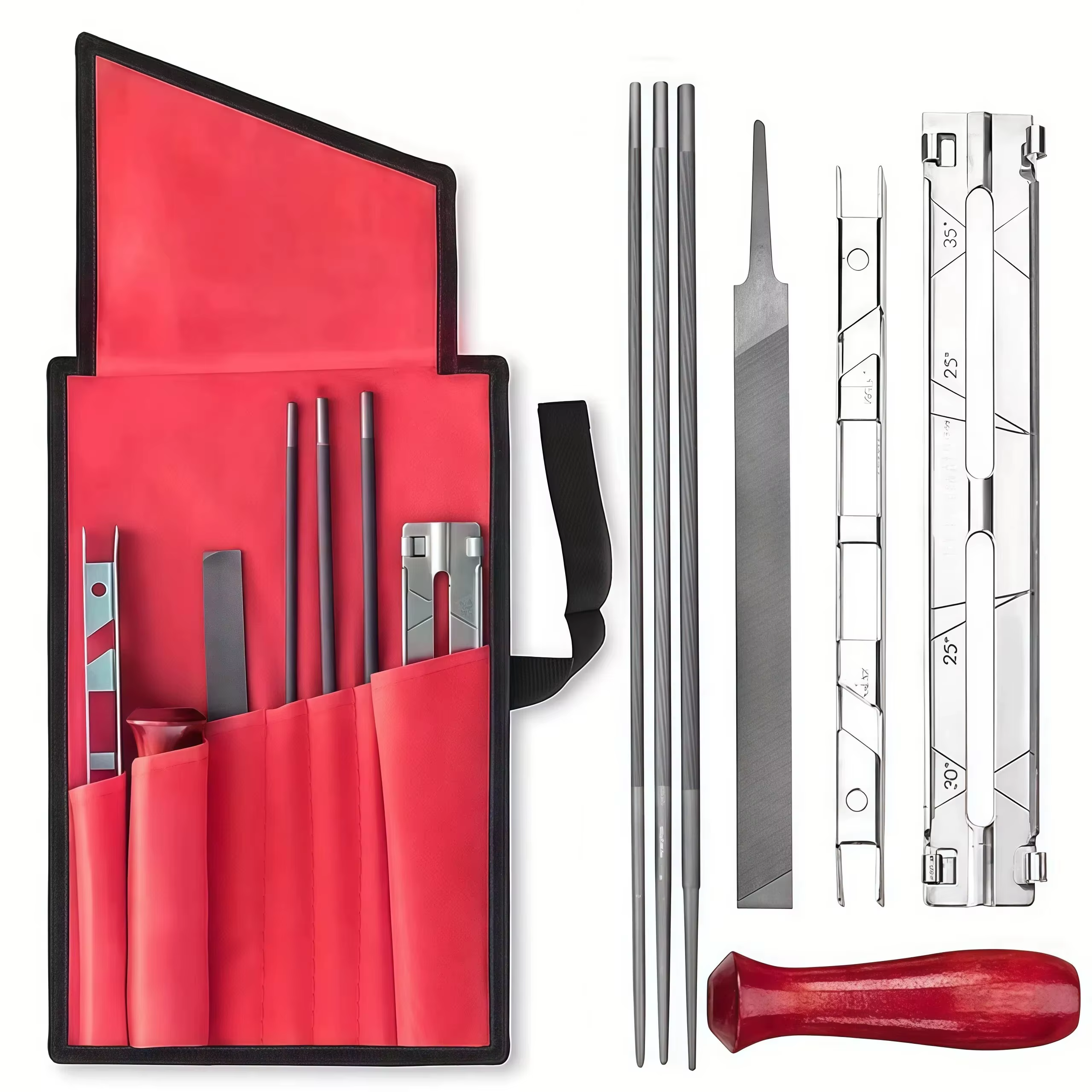Kit d'affûtage de tronçonneuse – Ensemble de 9 pièces avec limes rondes (5/32", 3/16", 7/32"), lime