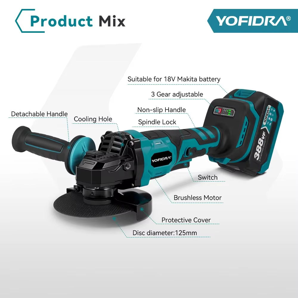 YOFIDRA 125mm meuleuse d'angle électrique sans brosse 3 vitesses polisseuse sans fil coupe outil éle