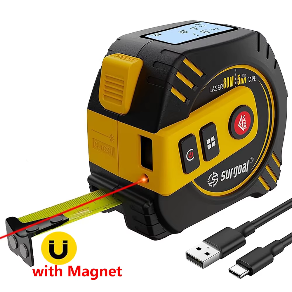 Télémètre laser rechargeable multifonction 2-en-1 80m avec ruban de mesure 5m et écran LCD rétroécla