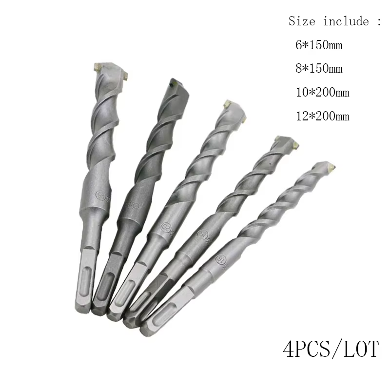 Lot de 4 mèches de perçage SDS pour marteau perforateur électrique, 6-12mm*150/200mm, à spirale rapi