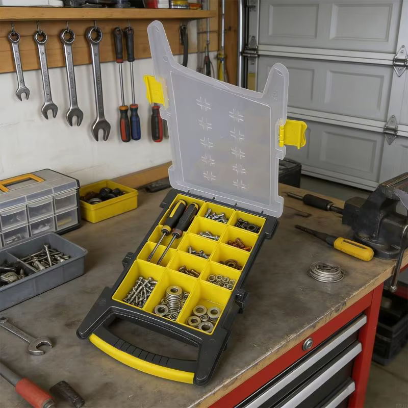 Boîte à outils en plastique robuste à 14 compartiments, conteneur avec couvercle Transparent pour le
