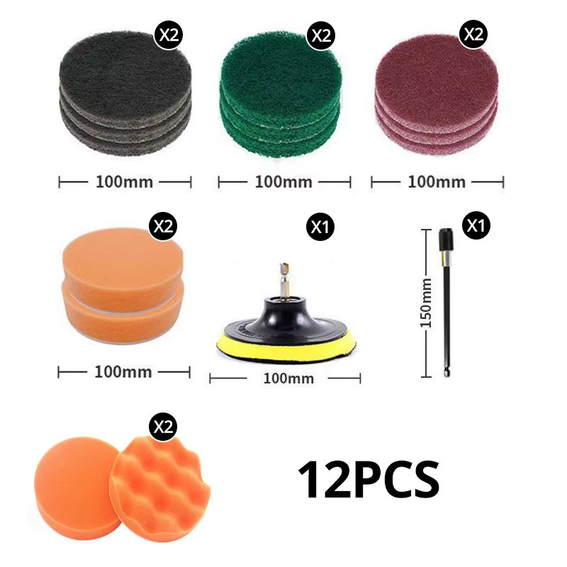 12 pièces, ensemble de fixation de brosse de forage, brosse de nettoyage électrique et éponge de gom