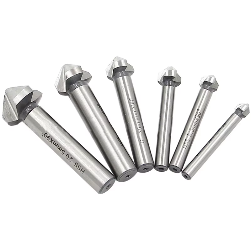 6 pièces/ensemble boîte 6.3-20.5mm chanfreinage fraise 3 cannelures tige ronde 90 degrés HSS fraise 