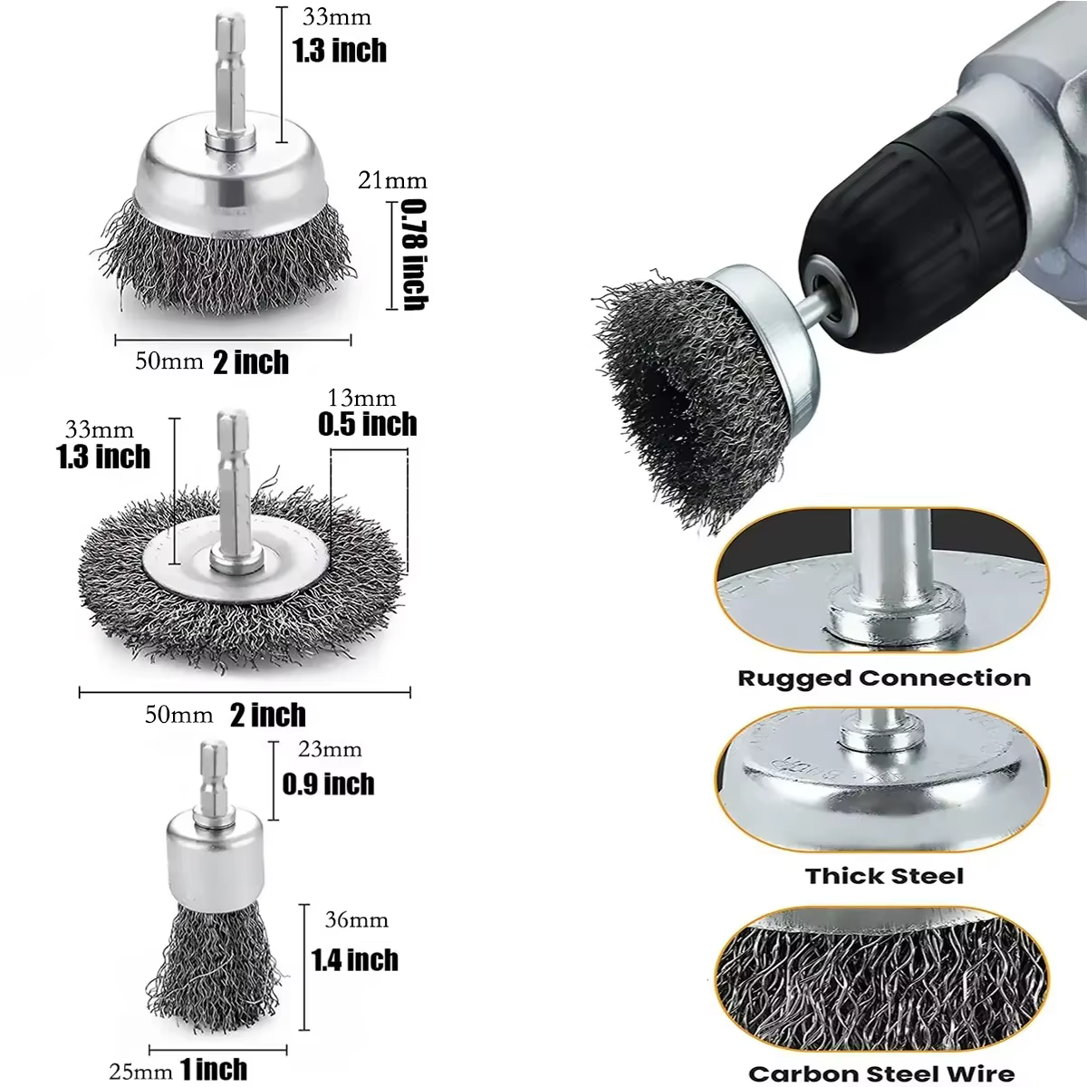 Brosse métallique pour perceuse, sertissage en acier grossier, roue métallique, tige de 1/4 pouces, 