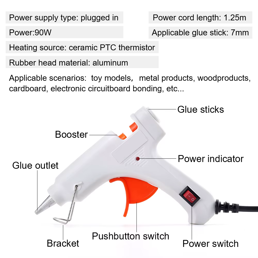 Pistolet à colle thermofusible 90W avec interrupteur pour bâton de colle de 7mm, Mini pistolet à cha