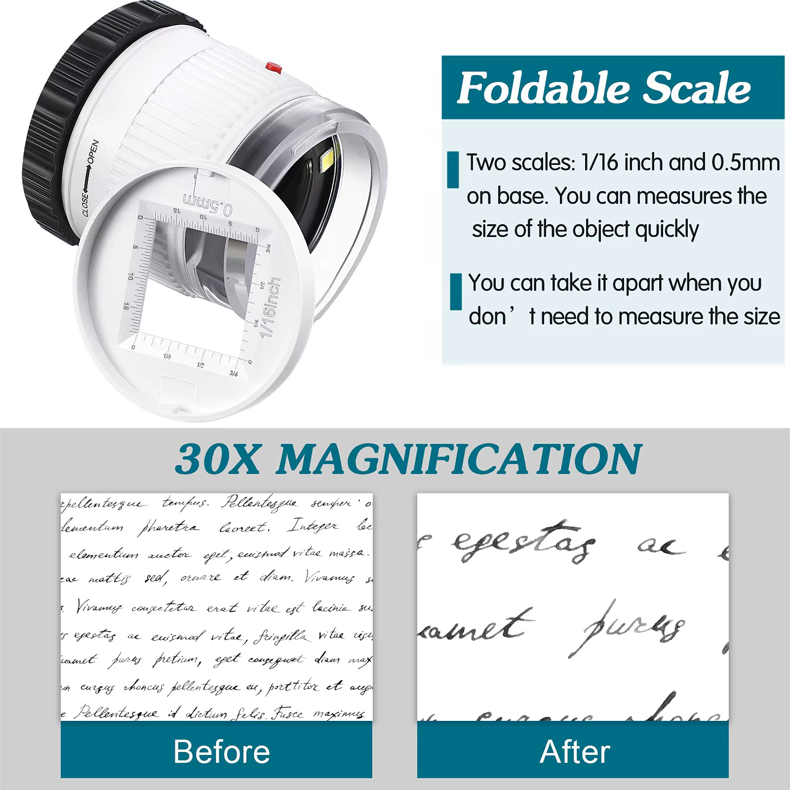 Loupe cylindrique portative 30X avec échelle LED lumière UV Loupe éclairée Focale réglable HD Loupe 