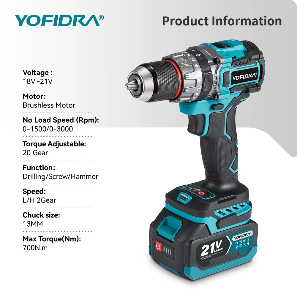 YOFIDRA 700N.M perceuse à percussion électrique sans brosse tournevis sans fil plaques sol travail d