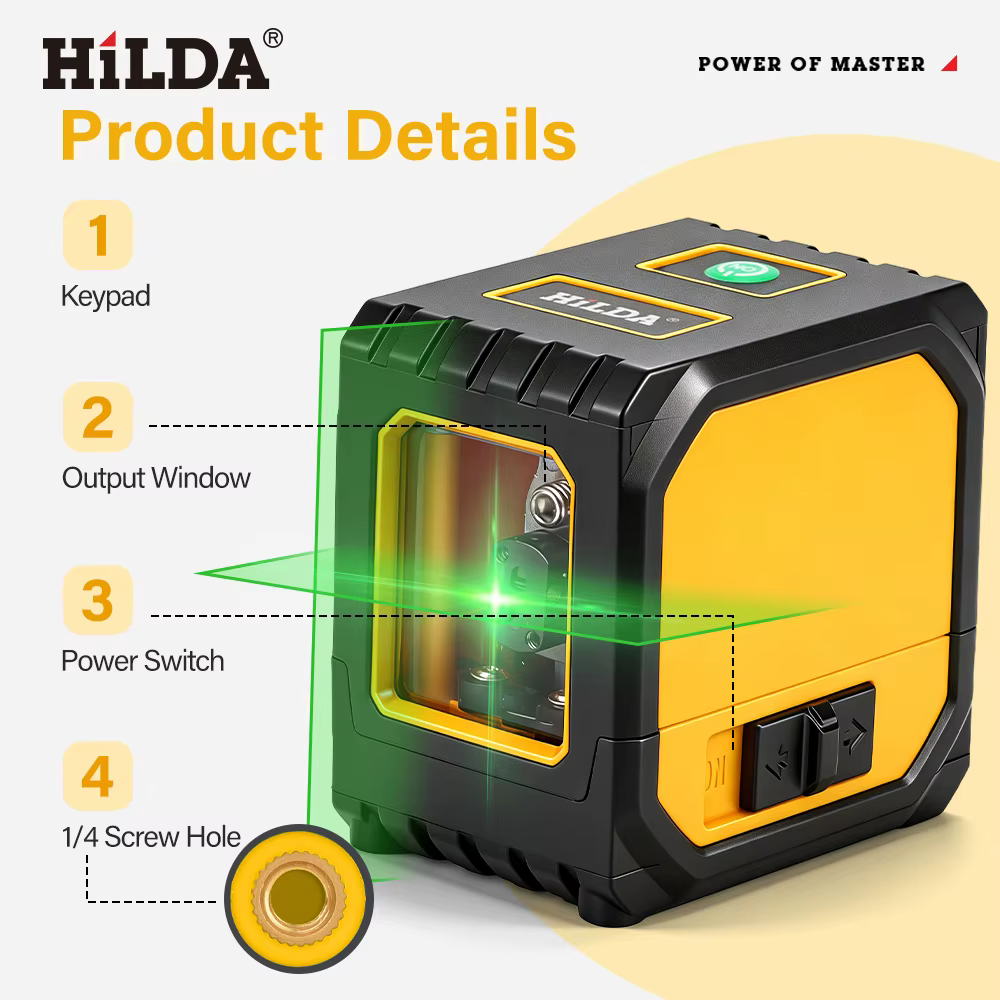 HILDA niveau Laser vert 2 lignes lignes transversales auto-nivelantes, chargement USB de taille Mini
