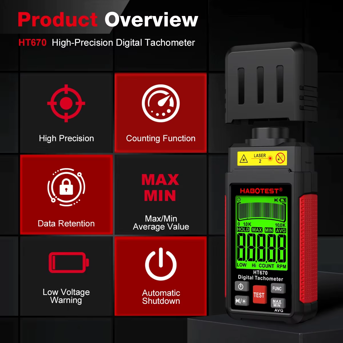 HABOTEST HT670 tachymètre Laser numérique compteur de tr/min sans Contact 2.5-99999 tr/min avec rétr