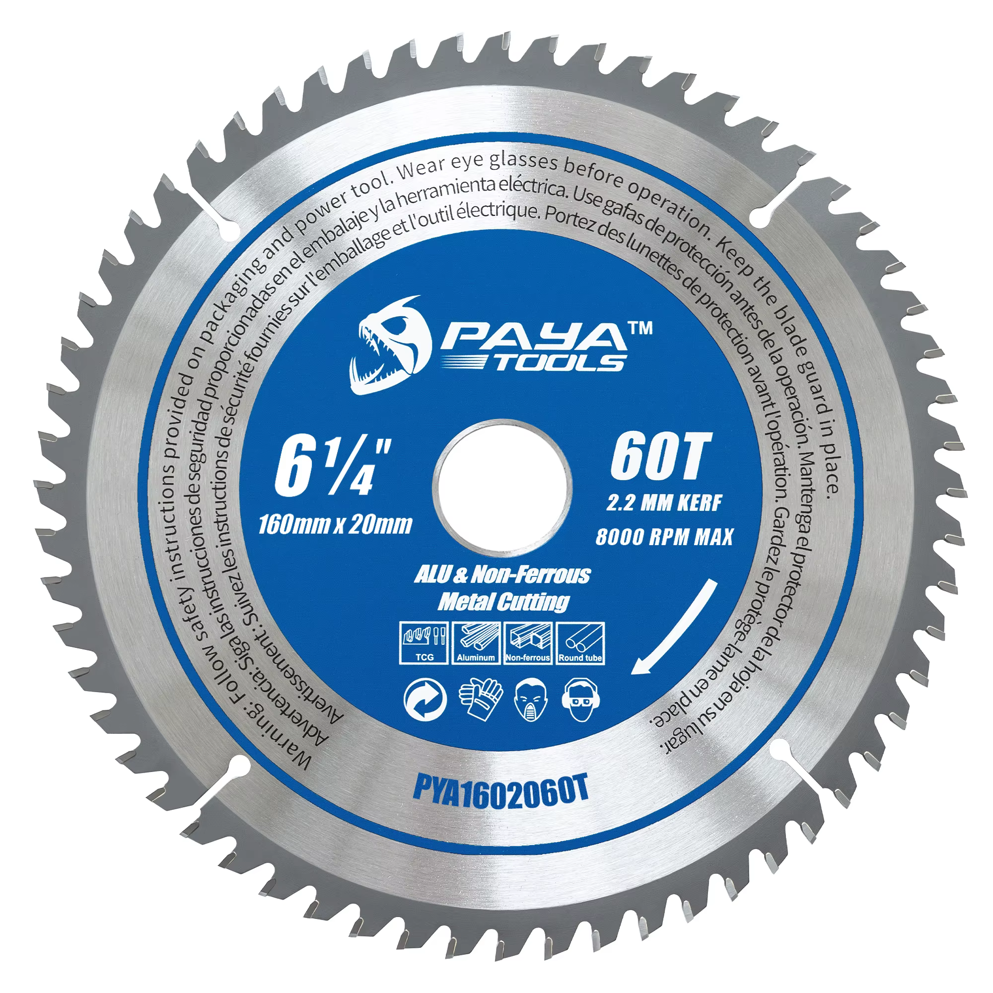 Lame de scie circulaire PAYA 6-1/4" 60T TCG pour la coupe de l'aluminium, des métaux non ferreux et 