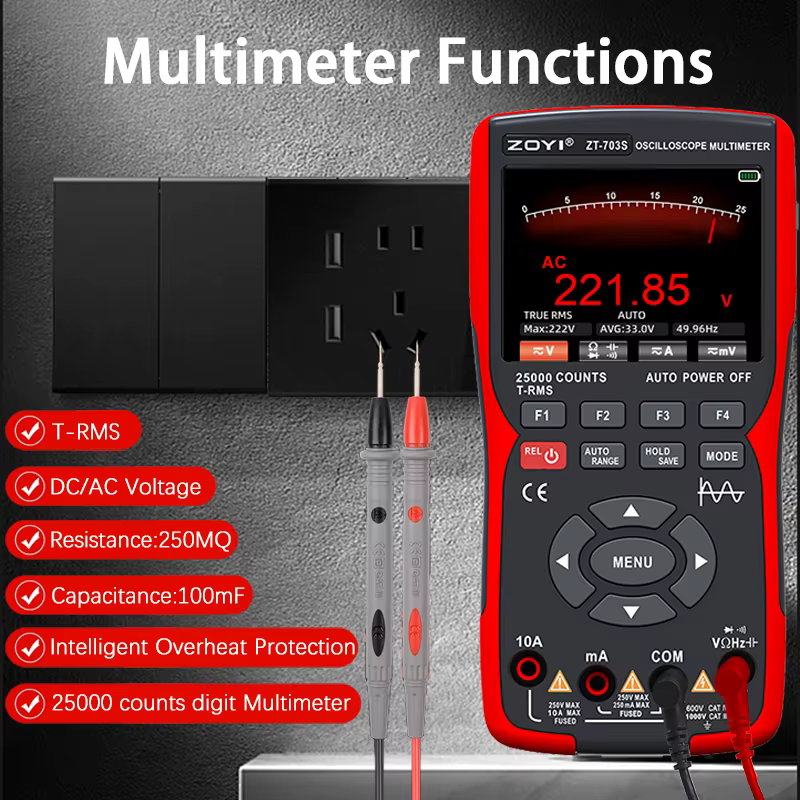 ZOYI ZT-703S multimètre oscilloscope 3 en 1 avec écran IPS de 3,5 pouces, 25000 points, bande passan