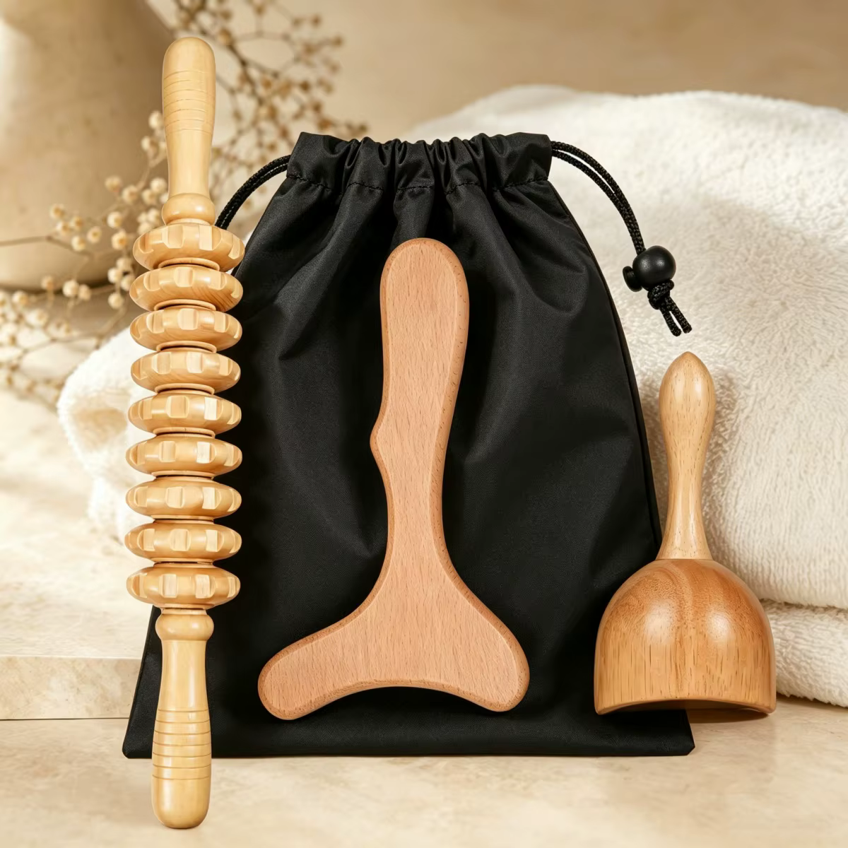 Kit d'outils de massage en bois avec sac noir - Masseur en bois naturel pour le corps entier, soulag
