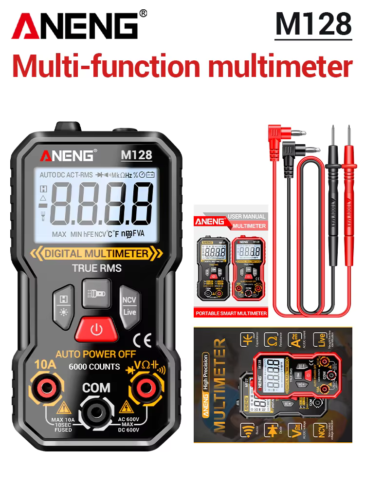 Multimètre multifonction mini ANENG M128 6000 points de lecture, testeur de tension AC/DC, courant, 