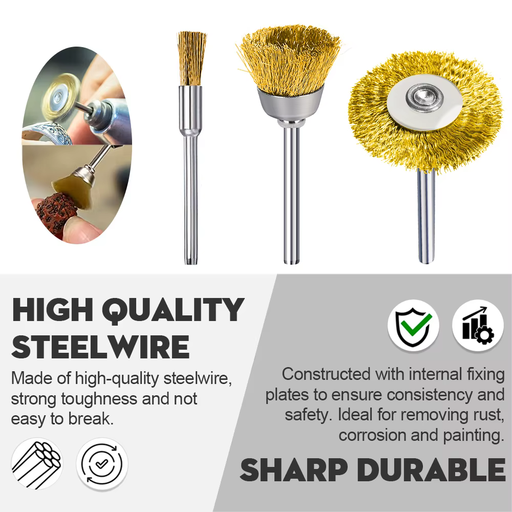 XCAN 45 pièces fil d'acier roue en laiton tasse brosse ensemble métal polissage roue 3mm tige pour D