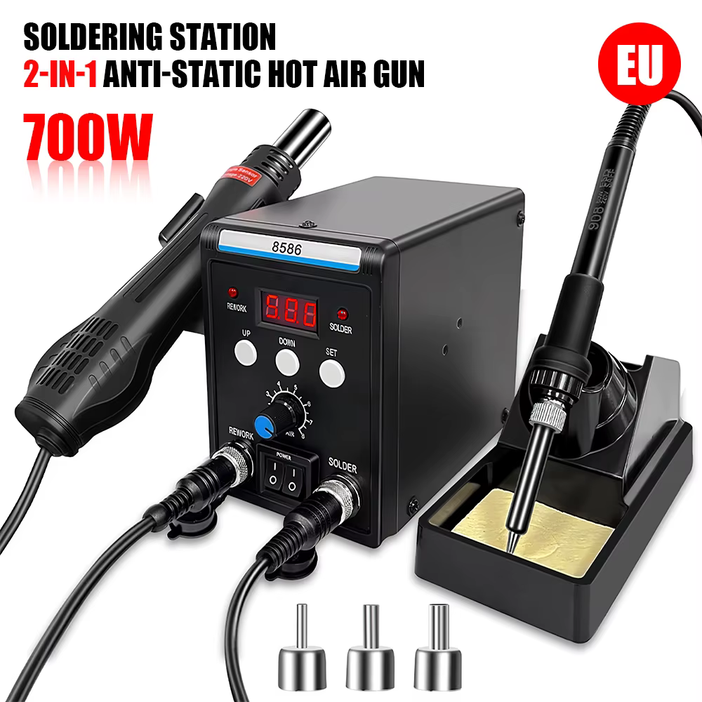 Station de soudage 2 en 1 JCD 8586D 220V avec pistolet à air chaud et 2 écrans numériques