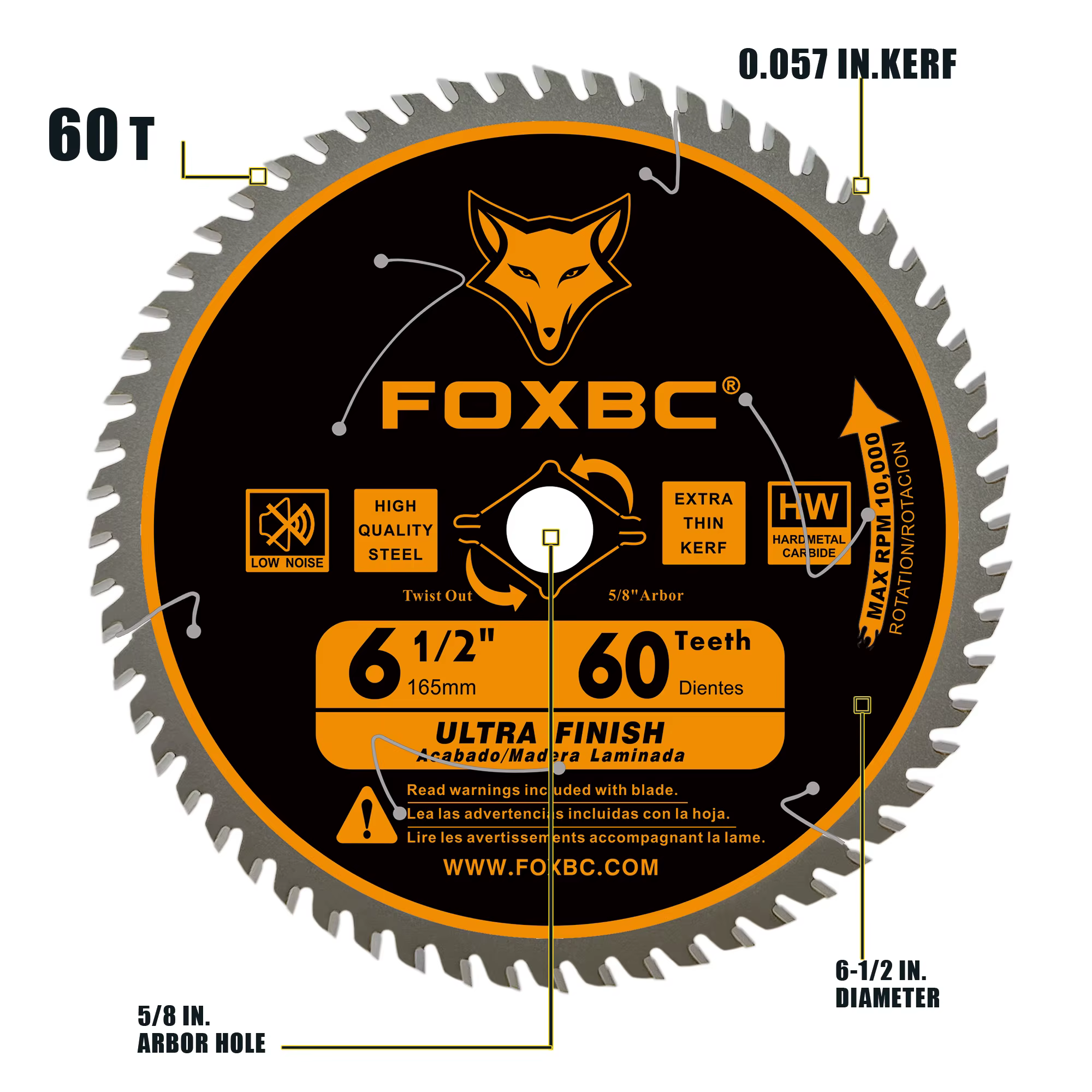 FOXBC 165mm Lames de scie circulaire 60 dents finition ultra fine coupe du bois 1 pièces