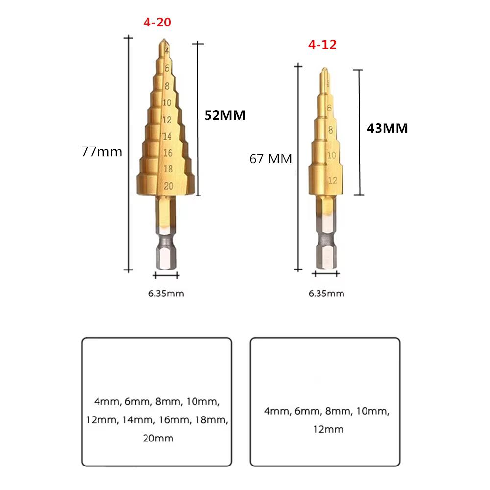 Foret étagé HSS revêtu de titane 4-12 4-20 pour outils électriques de perçage