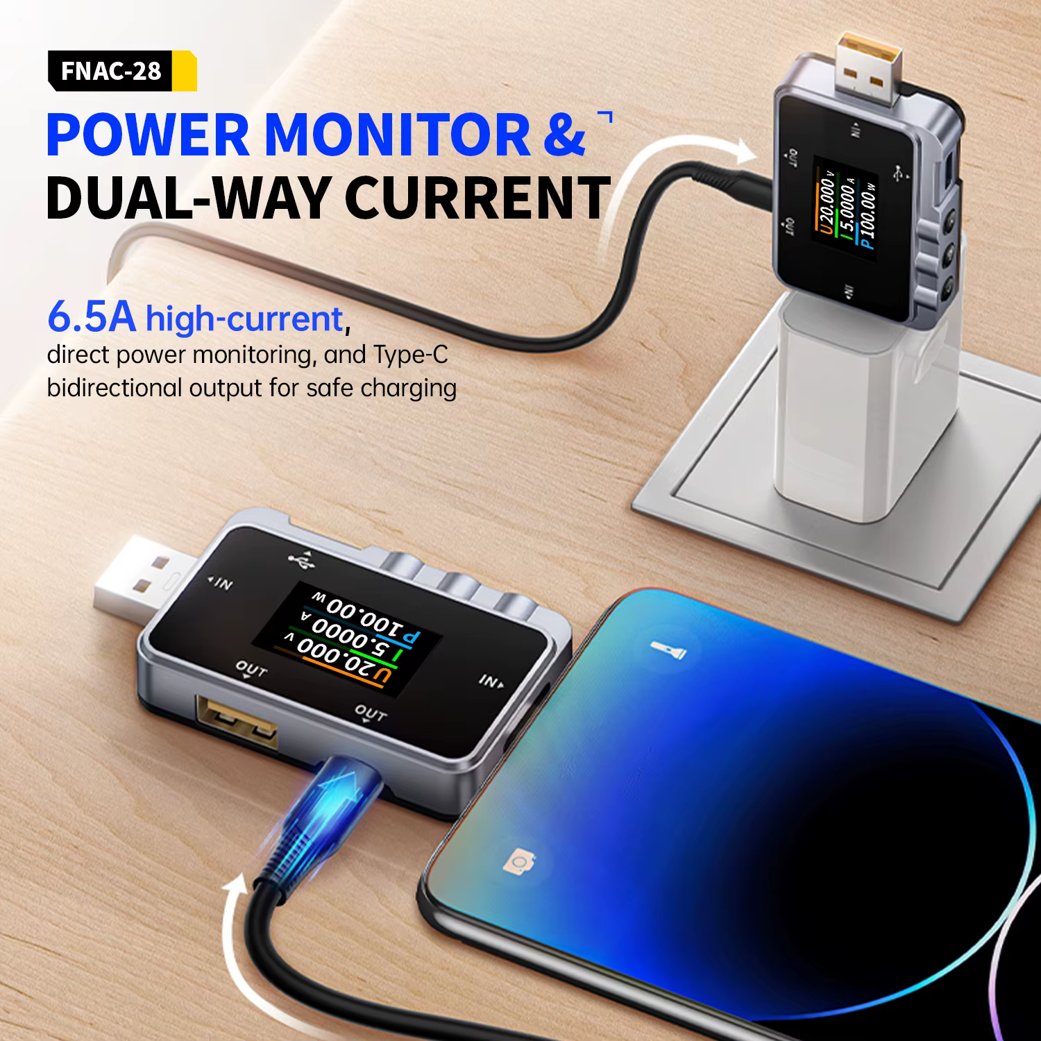 FNIRSI FNAC-28 testeur USB type-c 2-en-1 voltmètre numérique ampèremètre