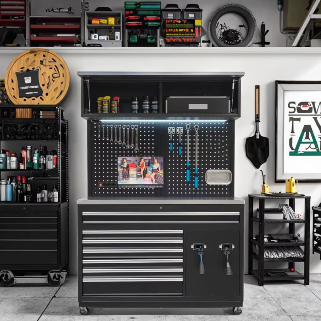 Armoire à outils avec plan de travail intégré en acier inoxydable et crochets latéraux