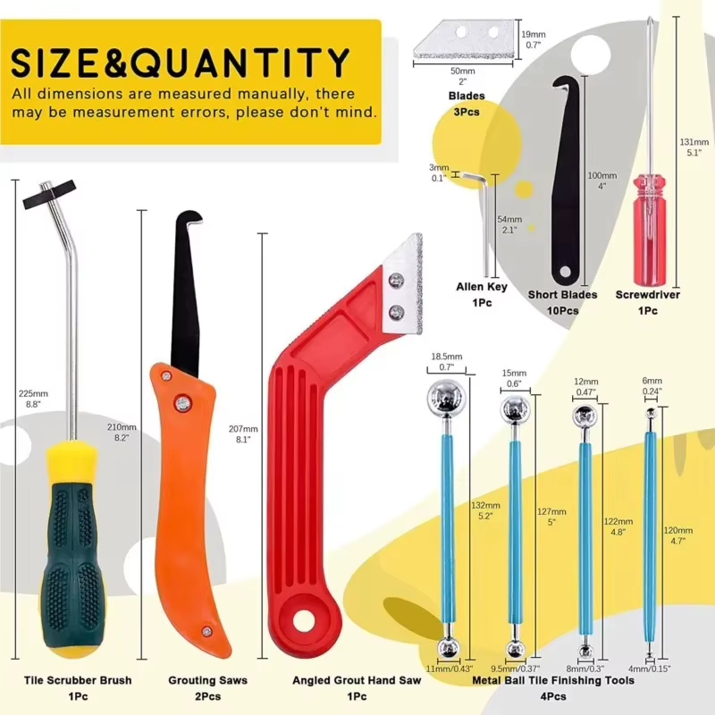 Kit de 22 outils de déjointage, comprenant une scie à joint manuelle, une brosse de nettoyage pour joints de carreaux en céramique et un outil de finition des joints pour sols et cuisines