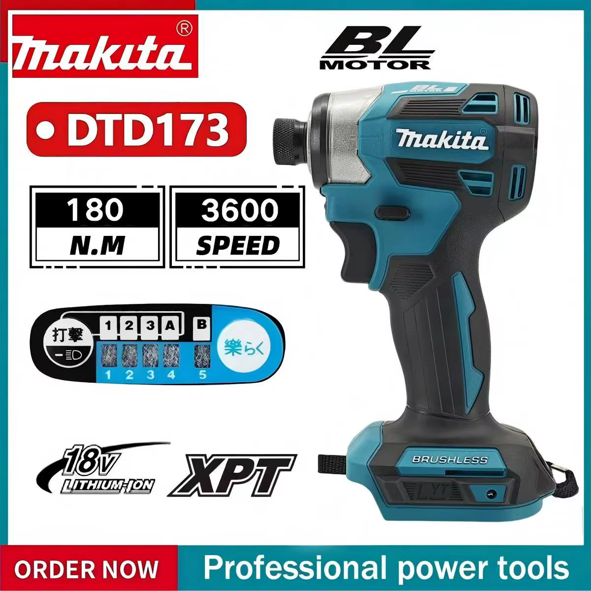 Makita DTD173 1800RPM 180Nm Visseuse à percussion sans fil 180Nm Moteur sans balais Perceuse électrique Mode T pour vis à bois pour batterie Makita