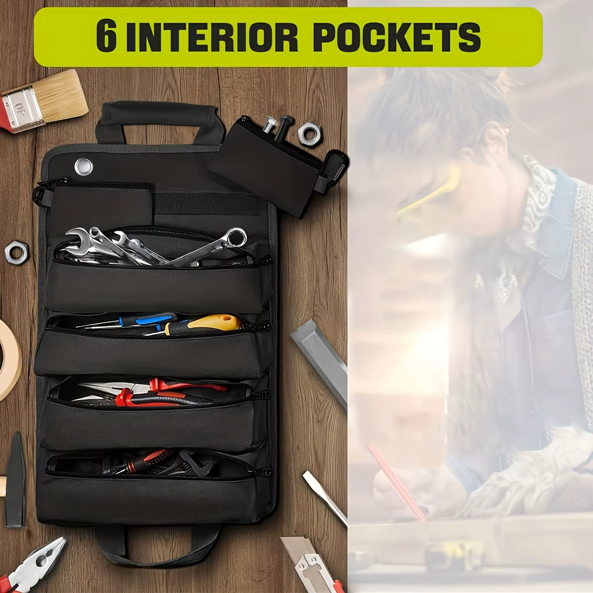 Organisateur de sac à outils-petit sac à outils avec pochettes détachables, organisateur de sac à outils enroulable robuste avec 6 pochettes à outils