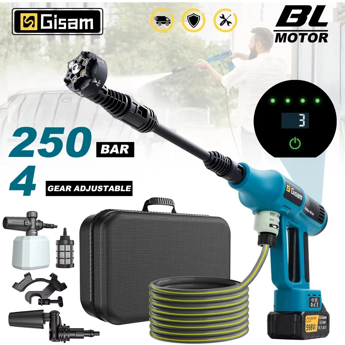 Pistolet de lavage haute pression électrique sans balais Gisam 250 bars