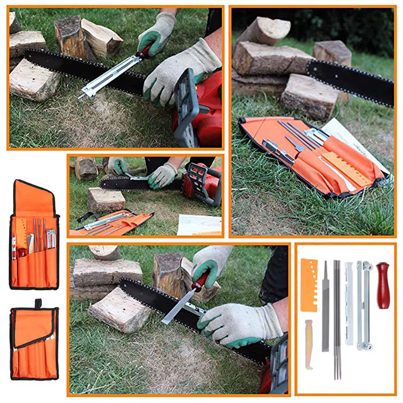 Kit d'affûtage de scie à chaîne professionnelle, ensemble d'outils, manche en bois dur, barre de guidage de fichiers ronde/plate, outils d'affûtage de fichiers 10-12 pièces