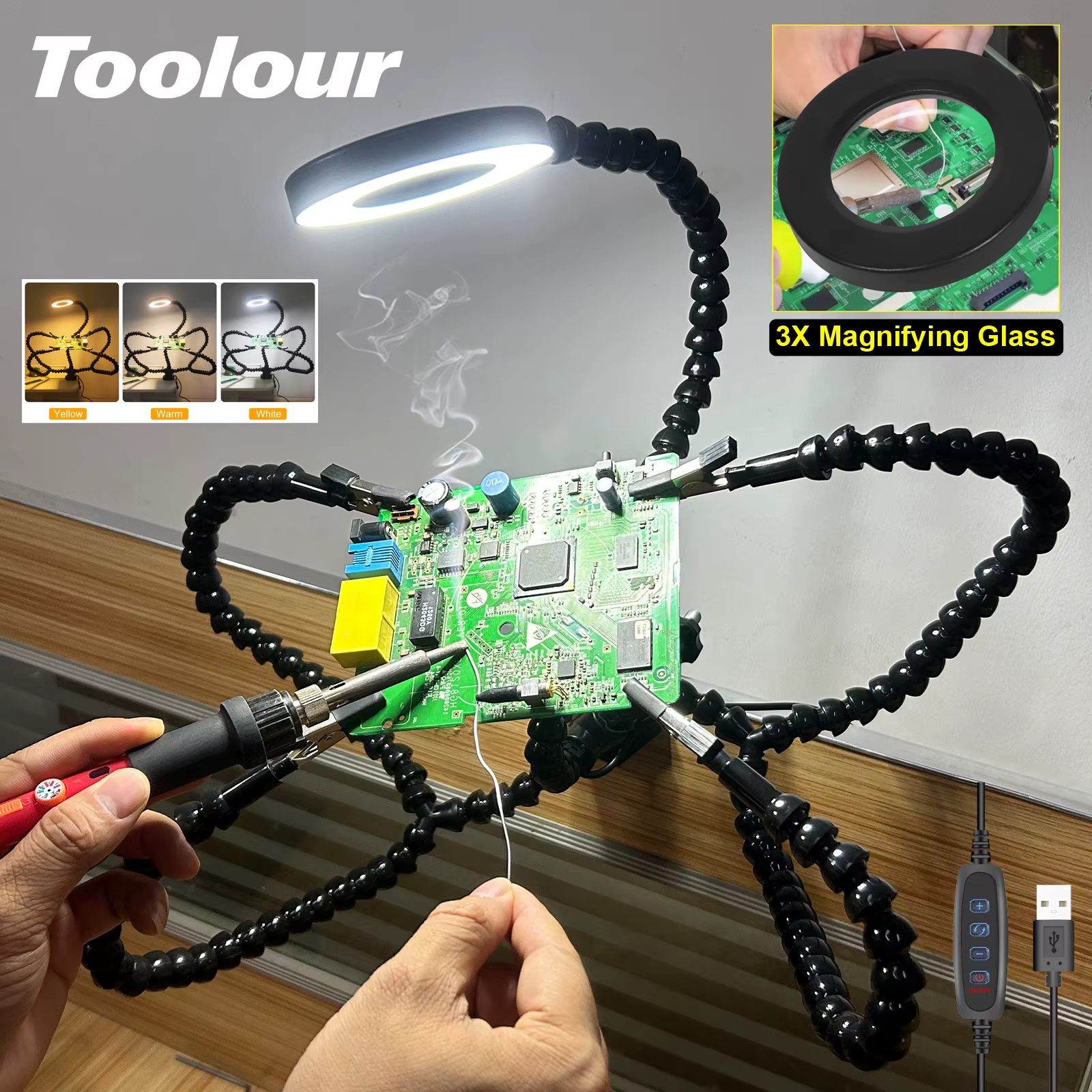 Toolour aider les mains à souder outils de troisième main 5 bras flexibles avec pince de Table réglable loupe LED 3X outil de support de carte PCB