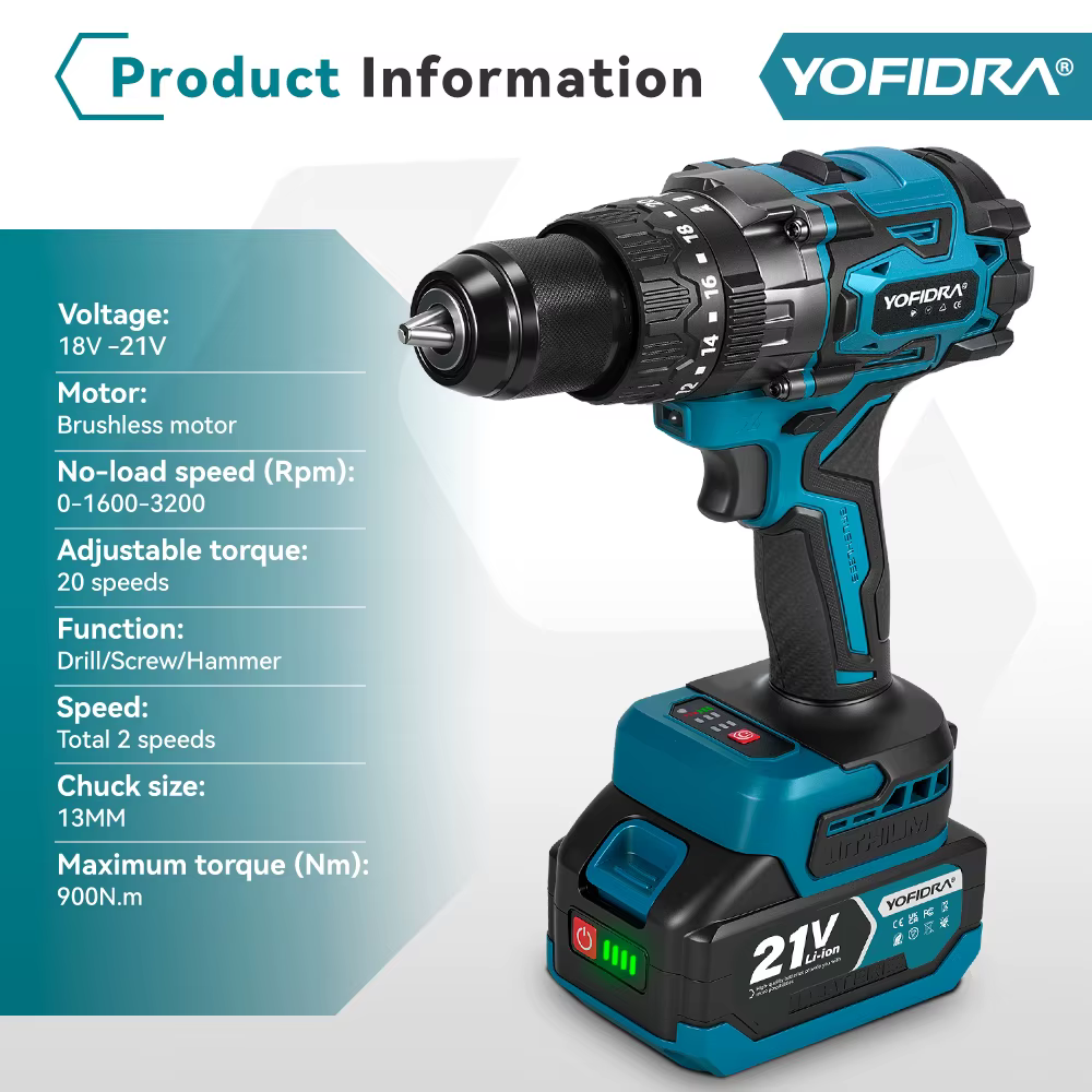 YOFIDRA 900N.M 3200 tr/min perceuse à percussion électrique sans brosse 13mm marteau