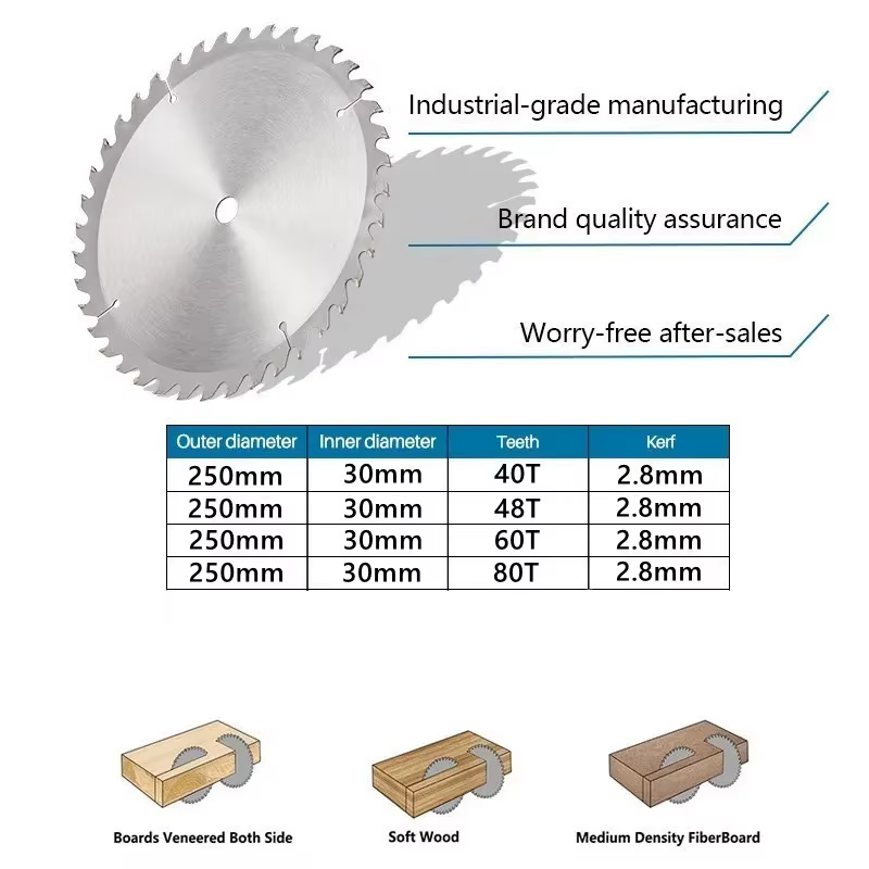 Lame de scie à bois en carbure 250mm x 40T/48T/60T/80T ouverture 30mm