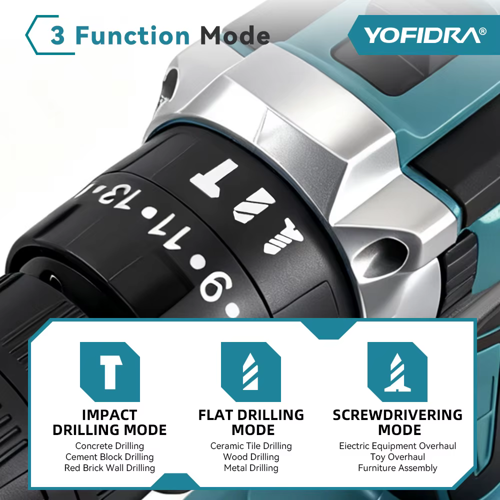 YOFIDRA 25 + 3 couple perceuse à percussion électrique 60N.M tournevis sans fil perçage ensemble d'outils domestiques pour Makita 18V batterie broche