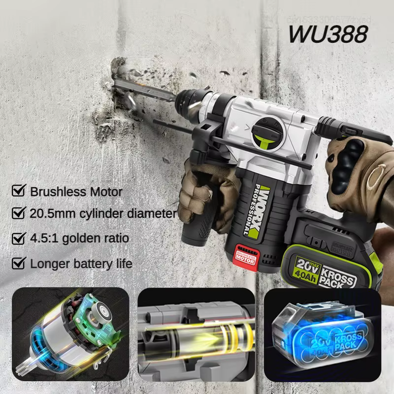 WORX WU388 perceuse à percussion sans fil sans brosse à double usage pour le perçage du béton outils de forage électrique fonctionnels de qualité industrielle