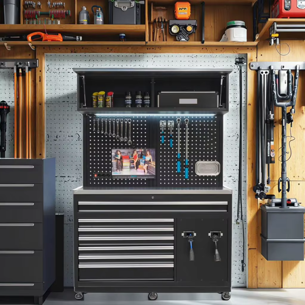 Armoire à outils avec plan de travail intégré en acier inoxydable et crochets latéraux