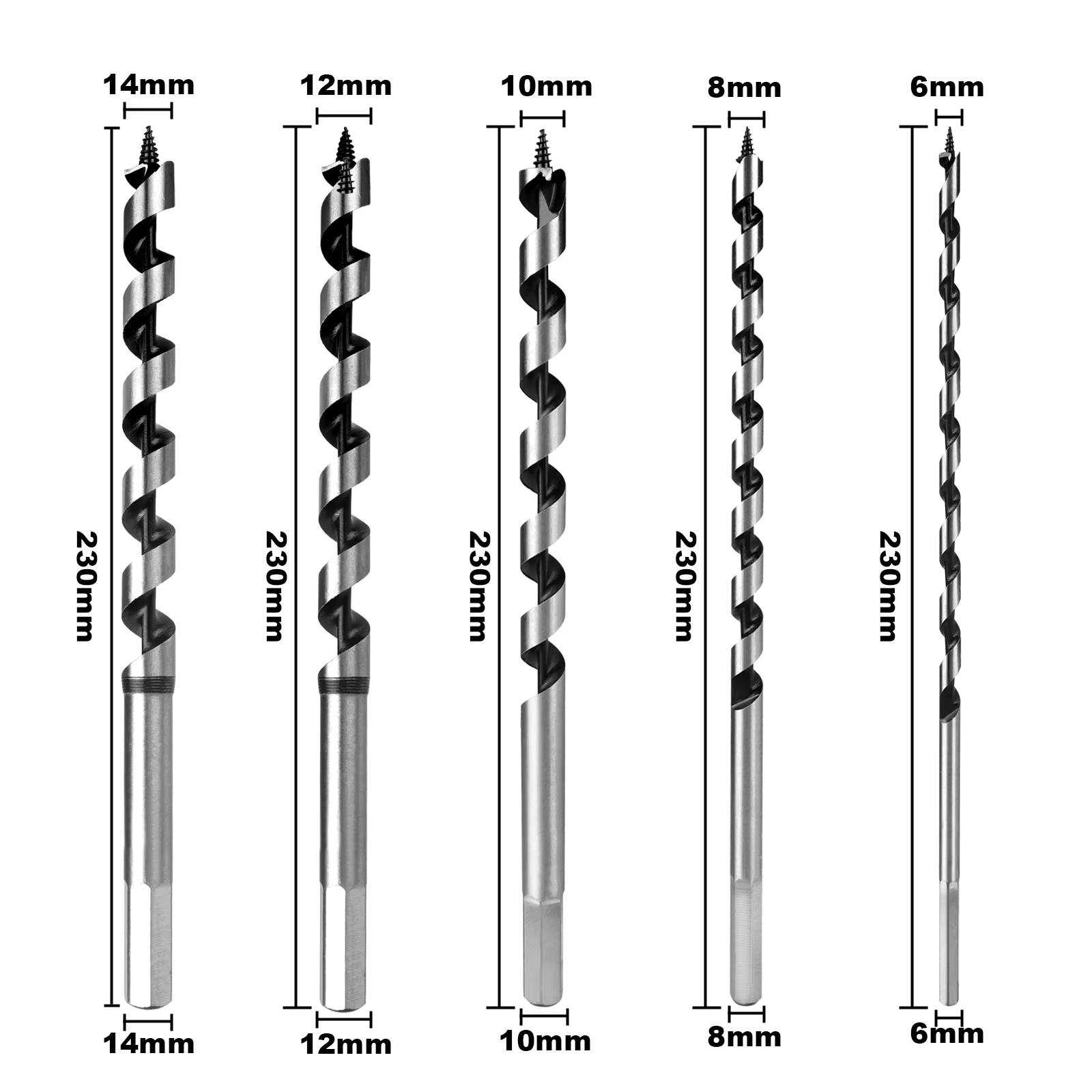Forets à tarière de 9 pouces, 230mm de Long, 6-14mm, pour charpentier, maçonnerie, passe-temps, ensemble de forets à bois pour le travail du bois, tige de 6/8/10/12/14mm