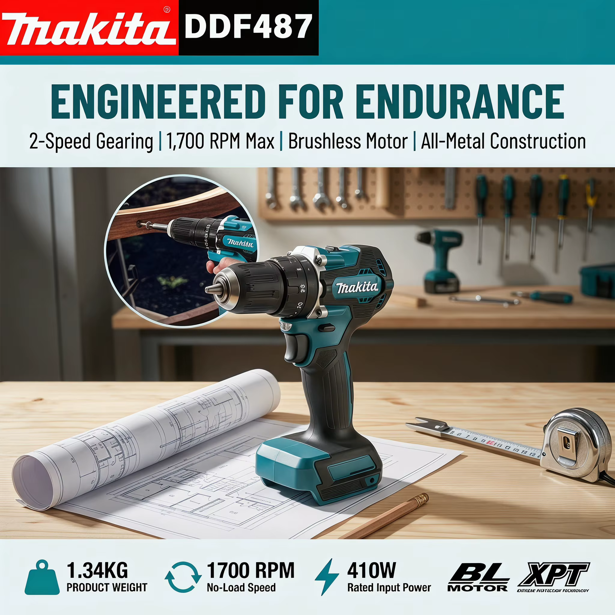 Perceuse-visseuse sans fil Makita DDF487 18V 2026 pour équipe de décoration